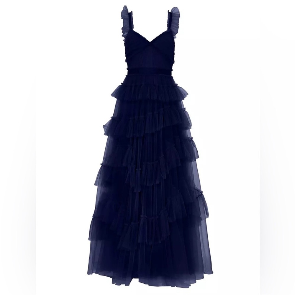 Elegant Navy Blue Evening Gown ruffles by BCBG SIZE 4 - Picture 5 of 6